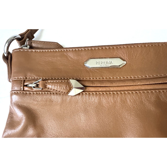 Perlina New York Crossbody Bag Caramel-Brown Leather Small Compact 9x6" Handbag - Picture 9 of 12